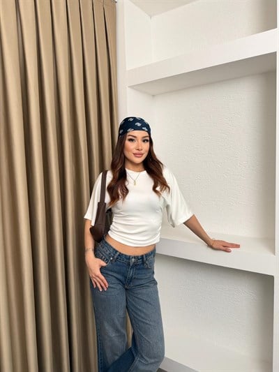Bel Büzgülü Yarasa Bluz Beyaz