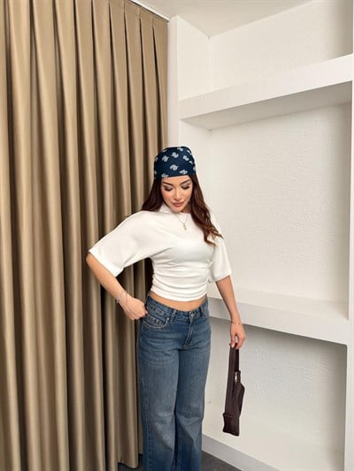 Bel Büzgülü Yarasa Bluz Beyaz