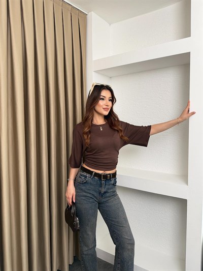 Bel Büzgülü Yarasa Bluz Kahve