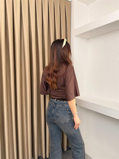 Bel Büzgülü Yarasa Bluz Kahve