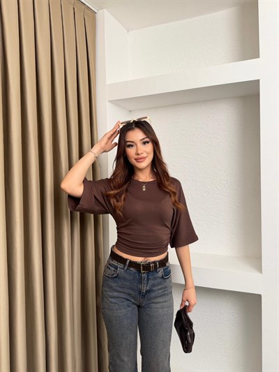 Bel Büzgülü Yarasa Bluz Kahve