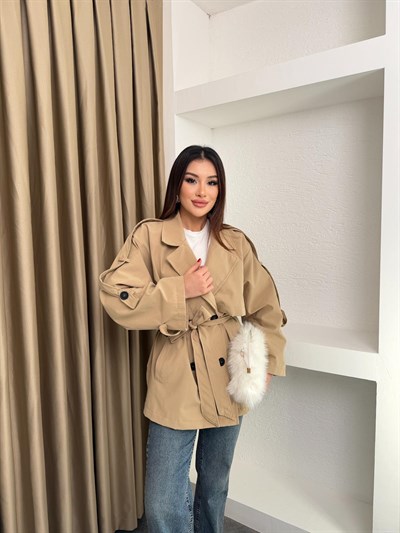 Bel Kuşaklı İçi Astarlı Oversize Ara Boy Trençkot Bej