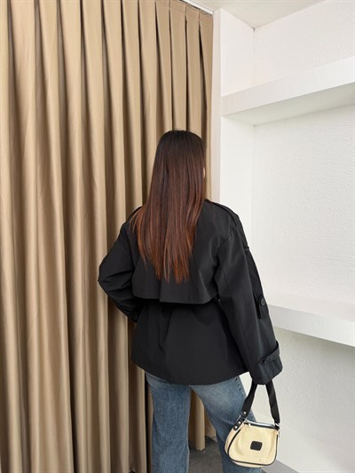 Bel Kuşaklı İçi Astarlı Oversize Ara Boy Trençkot Siyah