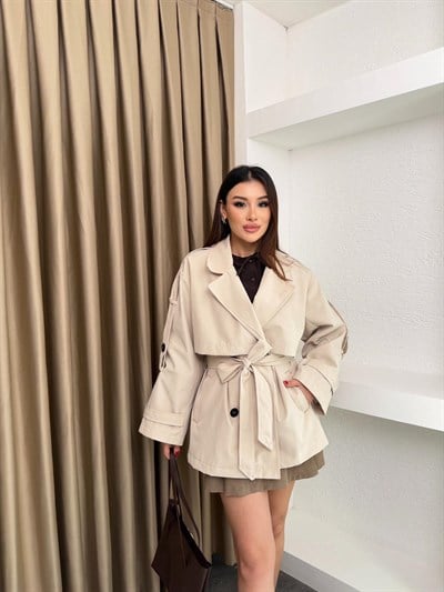 Bel Kuşaklı İçi Astarlı Oversize Ara Boy Trençkot Krem