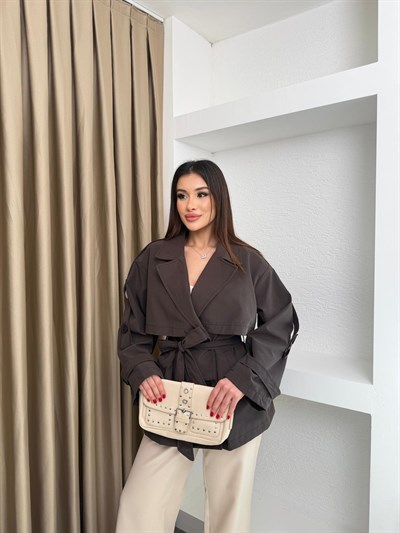 Bel Kuşaklı İçi Astarlı Oversize Ara Boy Trençkot Kahve