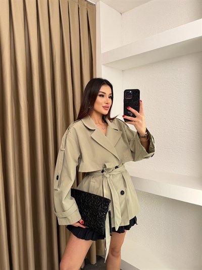 Bel Kuşaklı İçi Astarlı Oversize Ara Boy Trençkot Haki