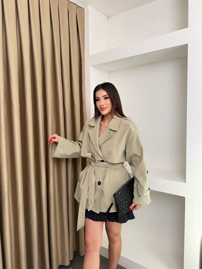 Bel Kuşaklı İçi Astarlı Oversize Ara Boy Trençkot Haki