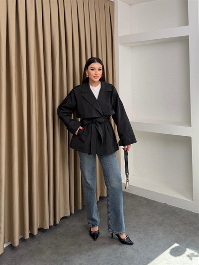 Bel Kuşaklı İçi Astarlı Oversize Ara Boy Trençkot Siyah