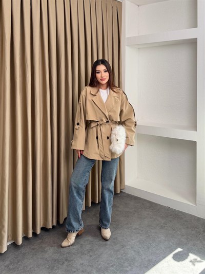 Bel Kuşaklı İçi Astarlı Oversize Ara Boy Trençkot Bej