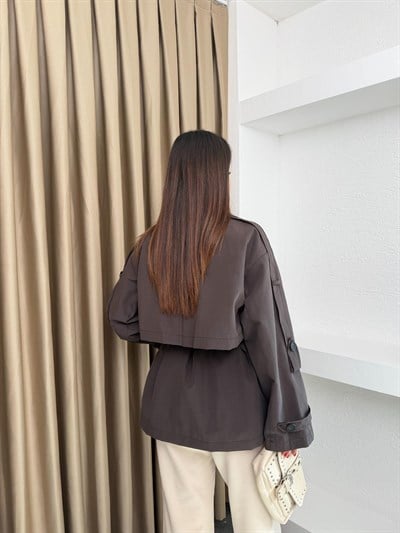Bel Kuşaklı İçi Astarlı Oversize Ara Boy Trençkot Kahve