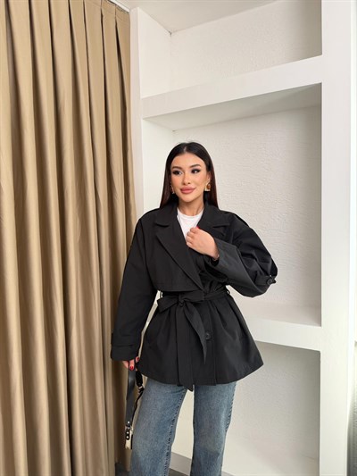 Bel Kuşaklı İçi Astarlı Oversize Ara Boy Trençkot Siyah