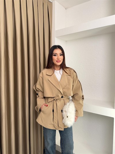 Bel Kuşaklı İçi Astarlı Oversize Ara Boy Trençkot Bej