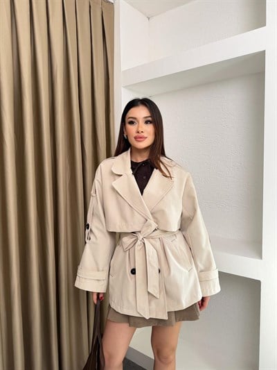 Bel Kuşaklı İçi Astarlı Oversize Ara Boy Trençkot Krem