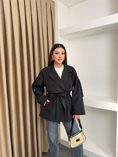 Bel Kuşaklı İçi Astarlı Oversize Ara Boy Trençkot Siyah