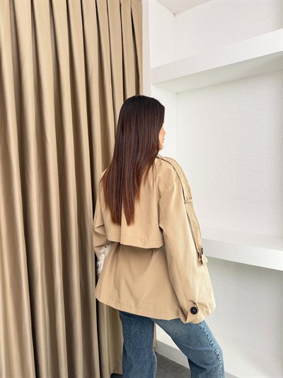 Bel Kuşaklı İçi Astarlı Oversize Ara Boy Trençkot Bej