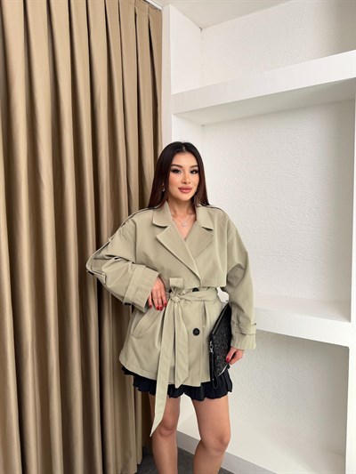 Bel Kuşaklı İçi Astarlı Oversize Ara Boy Trençkot Haki