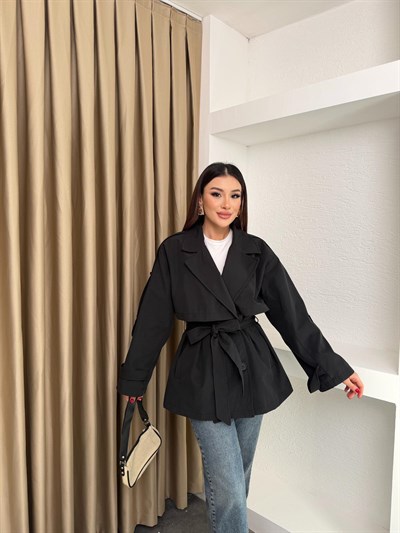 Bel Kuşaklı İçi Astarlı Oversize Ara Boy Trençkot Siyah