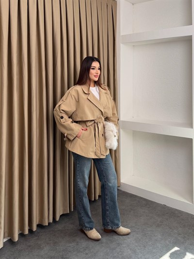 Bel Kuşaklı İçi Astarlı Oversize Ara Boy Trençkot Bej