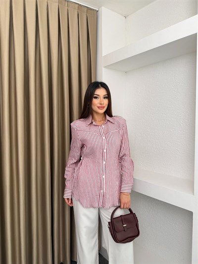 Belden Oturtma Düğmeli Çizgili Gömlek Pembe