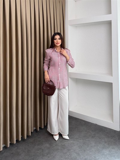 Belden Oturtma Düğmeli Çizgili Gömlek Pembe