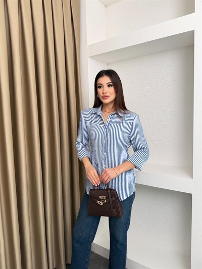 Belden Oturtma Düğmeli Çizgili Gömlek Mavi