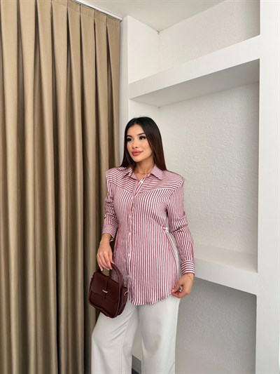 Belden Oturtma Düğmeli Çizgili Gömlek Pembe