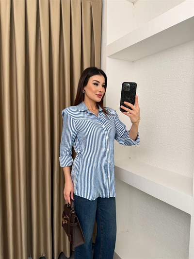 Belden Oturtma Düğmeli Çizgili Gömlek Mavi