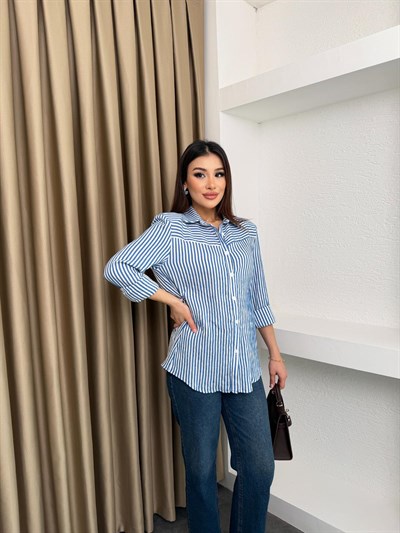 Belden Oturtma Düğmeli Çizgili Gömlek Mavi