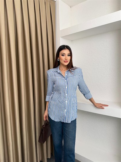 Belden Oturtma Düğmeli Çizgili Gömlek Mavi