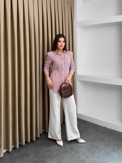 Belden Oturtma Düğmeli Çizgili Gömlek Pembe