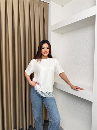 Bisiklet Yaka Dantelli Basic Tişört Beyaz