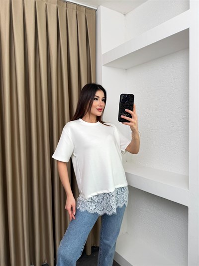 Bisiklet Yaka Dantelli Basic Tişört Beyaz
