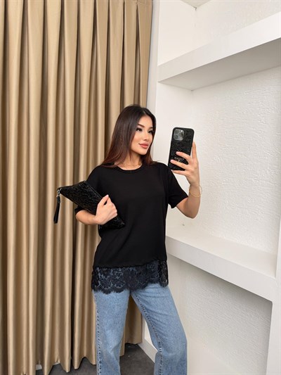 Bisiklet Yaka Dantelli Basic Tişört Siyah