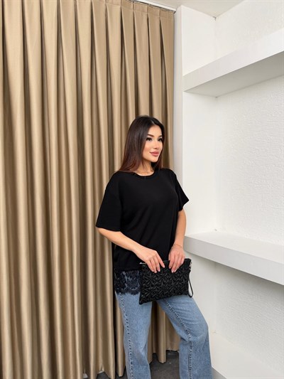 Bisiklet Yaka Dantelli Basic Tişört Siyah