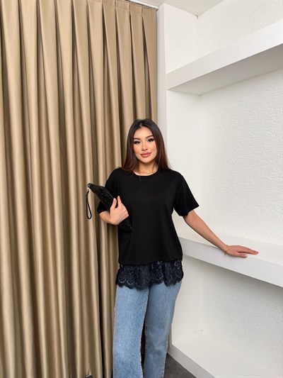 Bisiklet Yaka Dantelli Basic Tişört Siyah