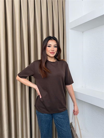 Bisiklet Yaka Modal Kumaş Basic Tshirt Kahve