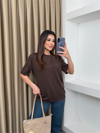 Bisiklet Yaka Modal Kumaş Basic Tshirt Kahve