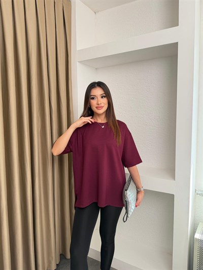 Bisiklet Yaka Yanı Yırtmaçlı Modal Kumaş Basic Tshirt Bordo