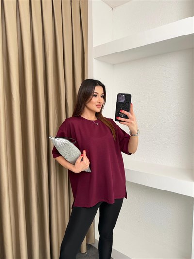 Bisiklet Yaka Yanı Yırtmaçlı Modal Kumaş Basic Tshirt Bordo