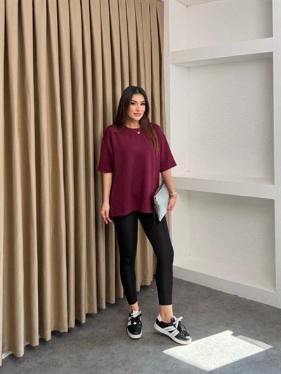 Bisiklet Yaka Yanı Yırtmaçlı Modal Kumaş Basic Tshirt Bordo