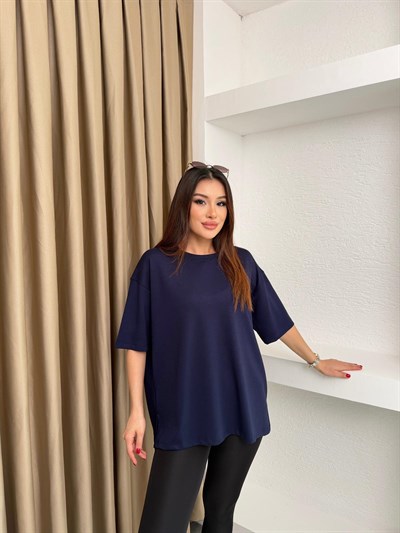 Bisiklet Yaka Yanı Yırtmaçlı Modal Kumaş Basic Tshirt Lacivert