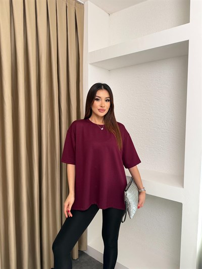 Bisiklet Yaka Yanı Yırtmaçlı Modal Kumaş Basic Tshirt Bordo