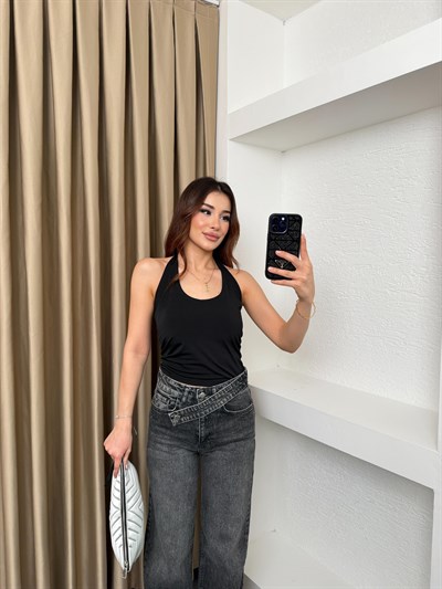 Boyundan Geçmeli Sandy Bluz Siyah