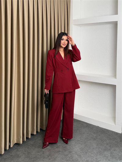 Çift Düğme Blazer Ceket Ve Pantolonlu Takım Bordo