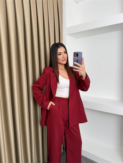 Çift Düğme Blazer Ceket Ve Pantolonlu Takım Bordo
