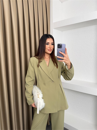 Çift Düğme Blazer Ceket Ve Pantolonlu Takım Yeşil