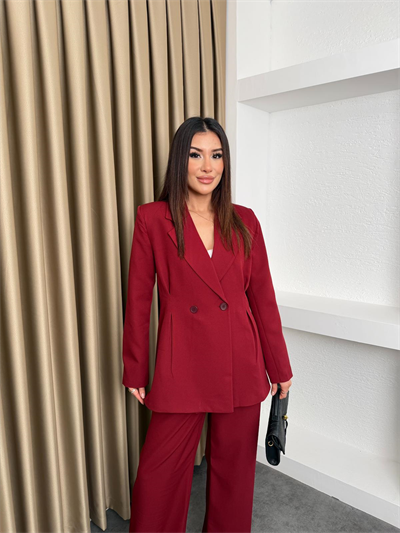 Çift Düğme Blazer Ceket Ve Pantolonlu Takım Bordo