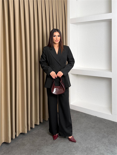 Çift Düğme Blazer Ceket Ve Pantolonlu Takım Siyah