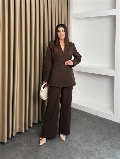 Çift Düğme Blazer Ceket Ve Pantolonlu Takım Kahve