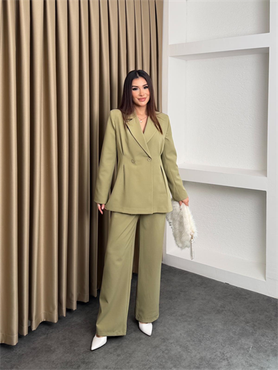 Çift Düğme Blazer Ceket Ve Pantolonlu Takım Yeşil